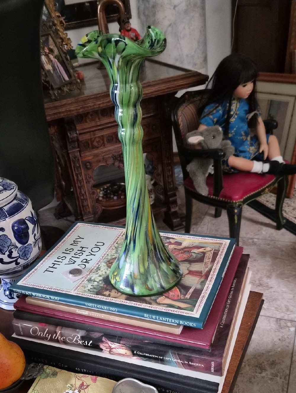 Green Handblown Art Glass Bud Vase with Swirled Accents